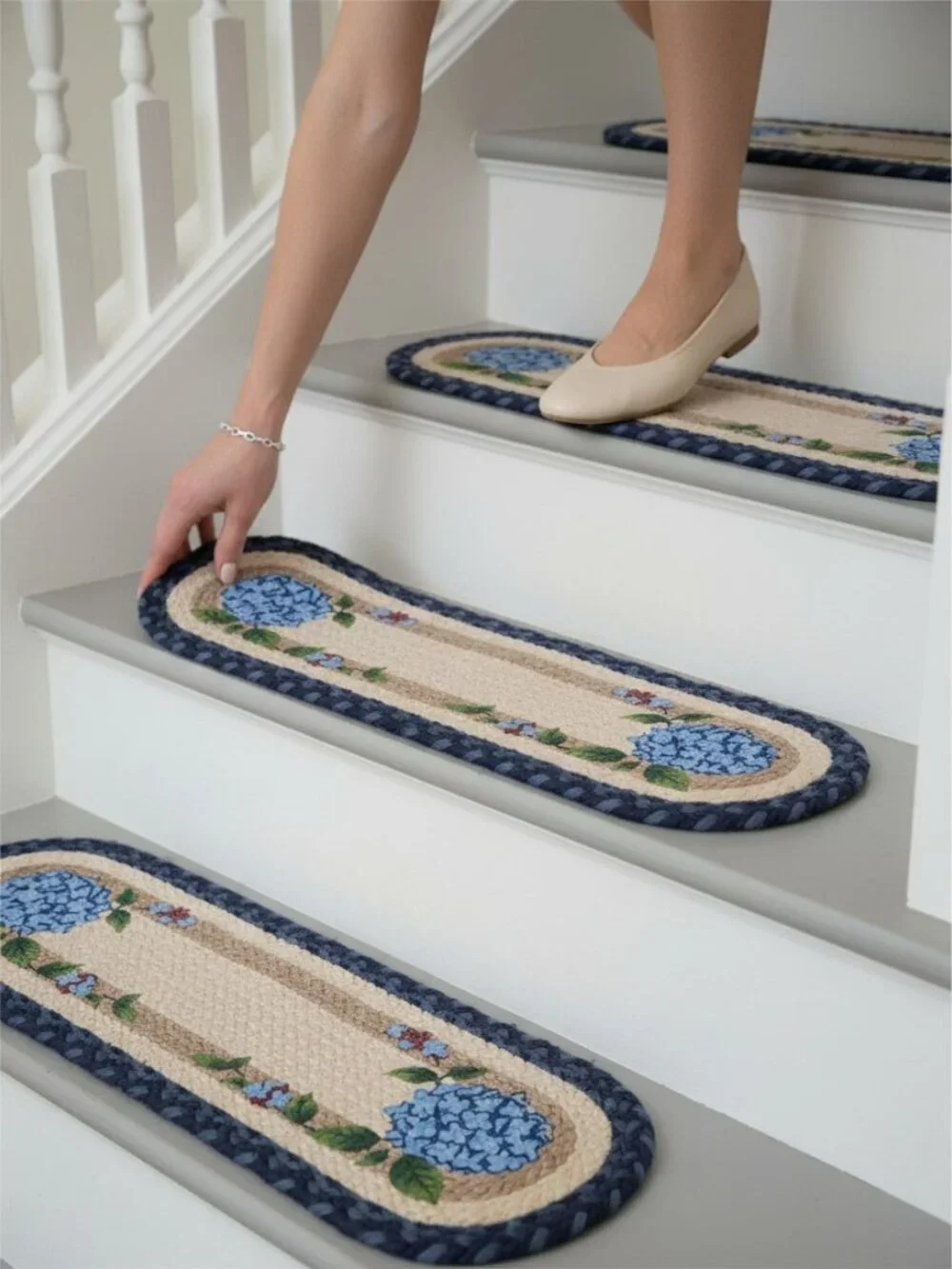 Blue Hydrangea Print Braided Stair Tread or Table Runner by Earth Rugs